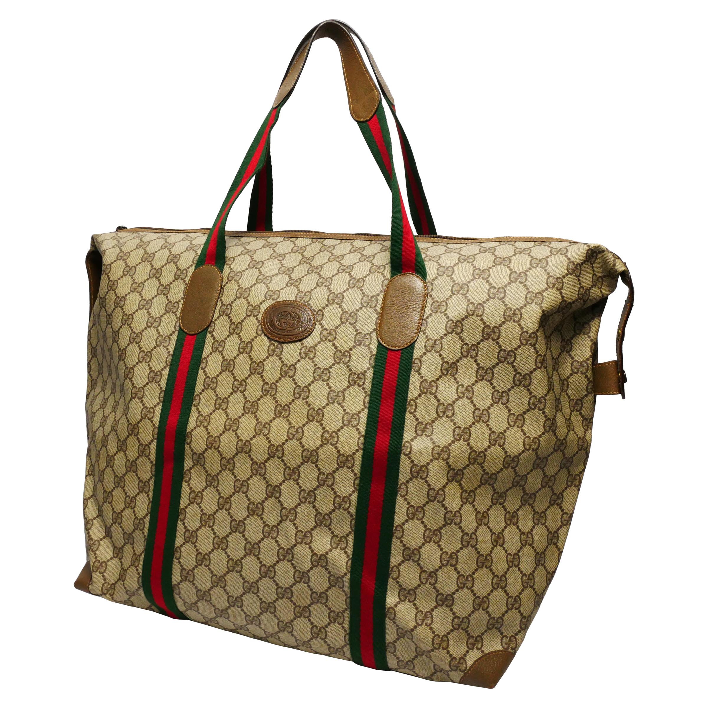 OLDGUCCI オールドグッチ アクセサリーコレクション ビッグトートバッグ トラベルバッグ ボストンバッグ 旅行バッグ ユニセックス 1980年代 80'S ラージサイズ GG柄 インターロッキングG シェリーライン PVC ピグスキン ゴールド金具 ブラウン ベージュ
