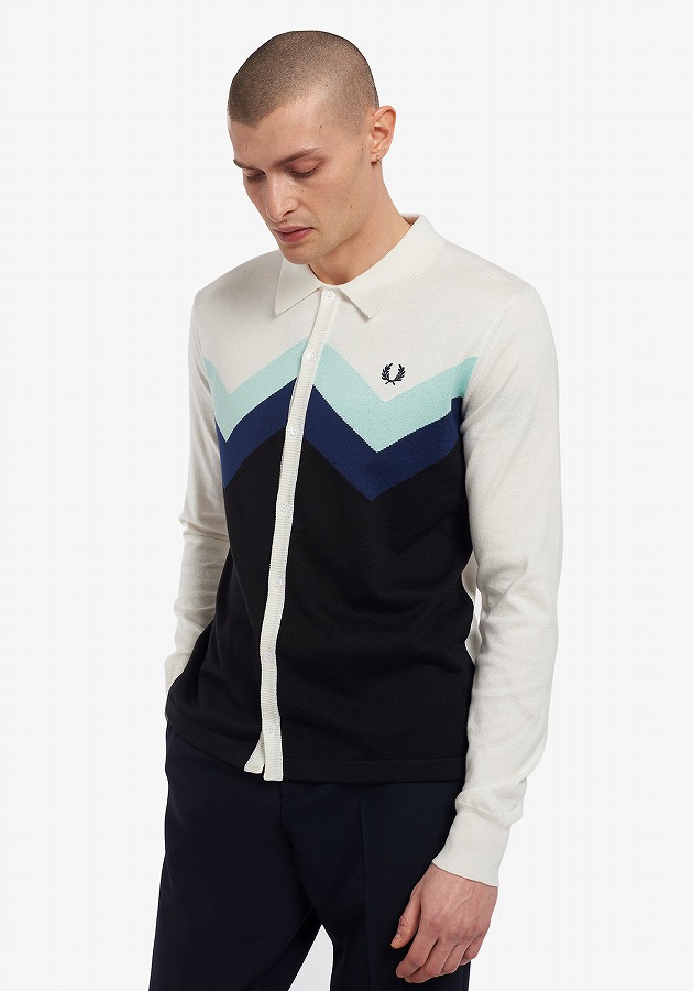 フレッドペリー ボタンスルーニットシャツ メンズ CHEVRON BUTTON THROUGH KNITTED SHIRT K1809 129 SNOW WHITE