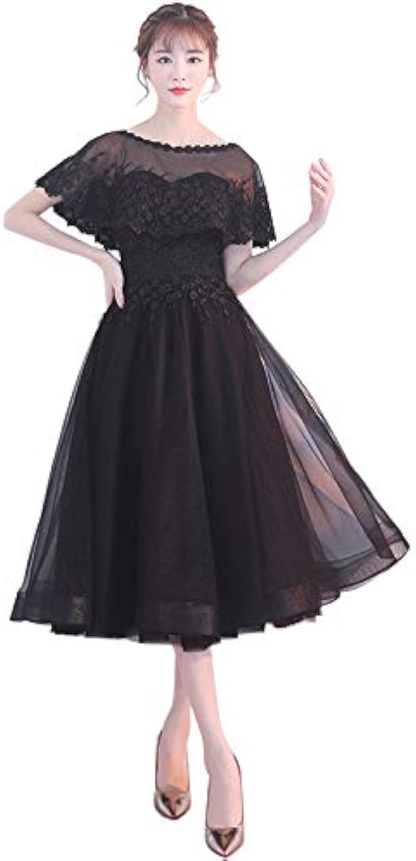 パーティードレス ミモレ丈 結婚式 ワンピース ロング フォーマルドレス S678 ブラック XL (ブラック, XL)|ファッションセレクト ELNOA