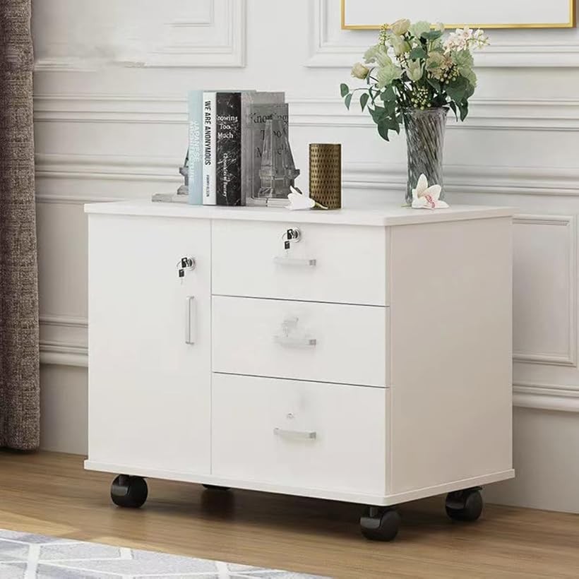 デスクワゴン サイドワゴン キャビネット オフィスワゴン 幅70cmx奥行き40cmx高さ57cm 完成品 組み立て不要 木製 引き出し 鍵付き 自在キャスター付き 大容量収納 (ホワイト, 40奥行き x 70幅 x 57高さ cm)｜ファッションセレクト　ELNOA 17,612円