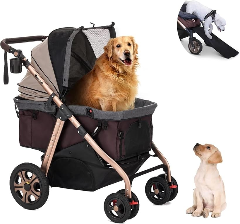 滑り止めスロープ ペットカート 犬 バギー 4輪 犬用かーと 小型犬 中型犬 大型犬 多頭 ペットキャリーカート ワンタッチ折り畳み 自立式 大口径タイヤ ペットバギー (ベージュ(G5))|生活雑貨の大型店 暮匠
