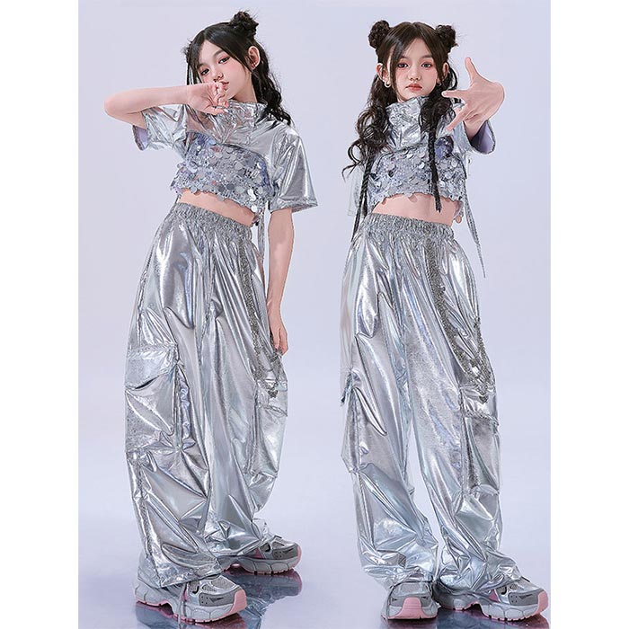 子どもストリートダンス キッズ ジャズダンス ヒップホップ 女の子 半袖tシャツ キャミソール スパンコール カーゴパンツ ピカピカ 光沢感 ダンス セットアップ hiphop 幼稚園 小学生 ジュニア 発表会 ステージ衣装 チアダンス 団体演出 イベント カッコいい 大きいサイズ