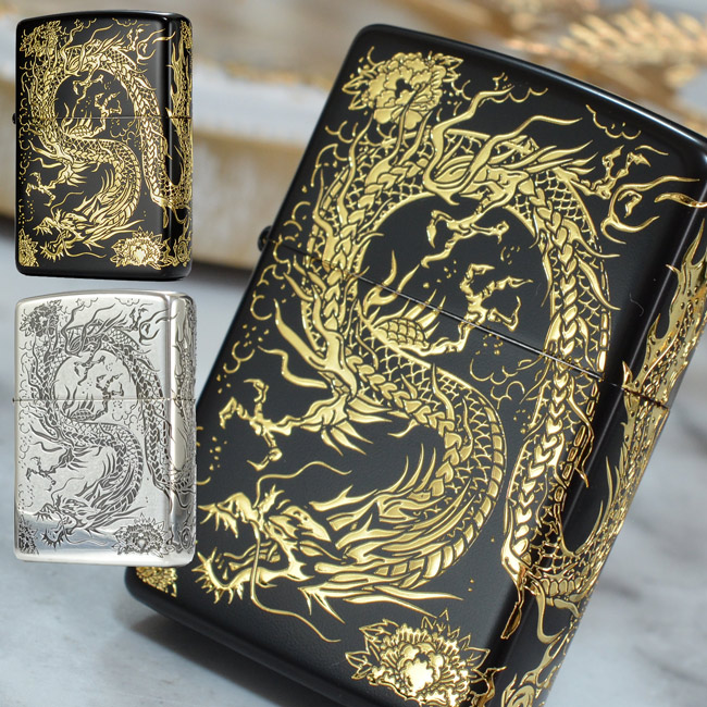 ZP2面龍 ドラゴン Dragon ◆ 和柄 ZIPPO ジッポー オイルライター ブラック 黒金 シルバーいぶし 銀