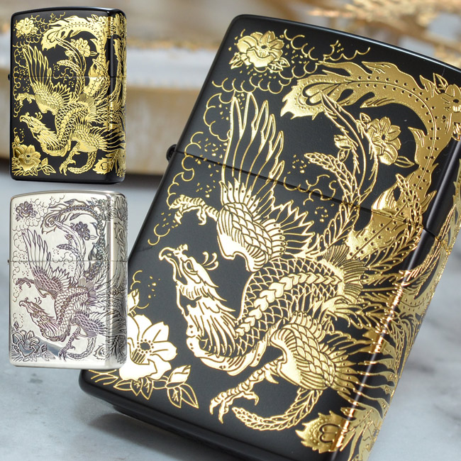 ZP2面鳳凰 ホウオウ Phenix ◆ 和柄 ZIPPO ジッポー オイルライター ブラック 黒金 シルバーいぶし 銀
