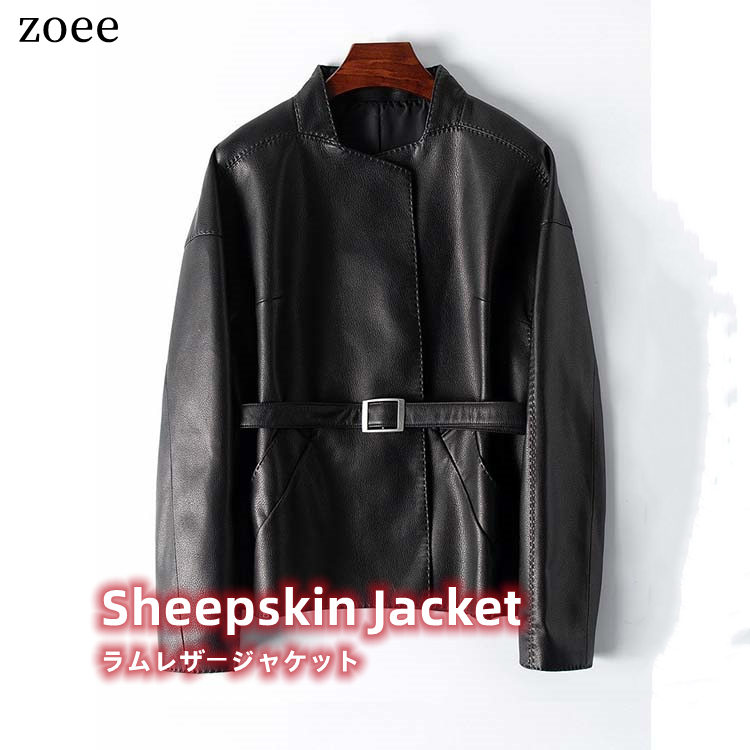 ラムレザージャケット 胴締め付き添い人 レディース 本革 秋冬 アウターシンプル 無地 黒いこと S/M j1b18