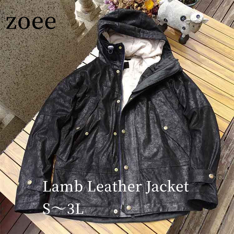 ゴートレザー ジャケット コート メンズ 山羊革 フード付き アウター ブラック S/M/L/2L/3L k4b02