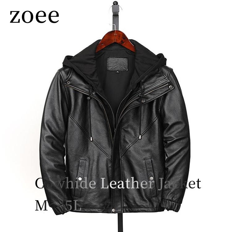 カウレザー ジャケット コート フード付き メンズ 牛革 アウター ブラック M/L/2L/3L/4L/5L k4b22|zoee ダウンコート 毛皮 ムートン