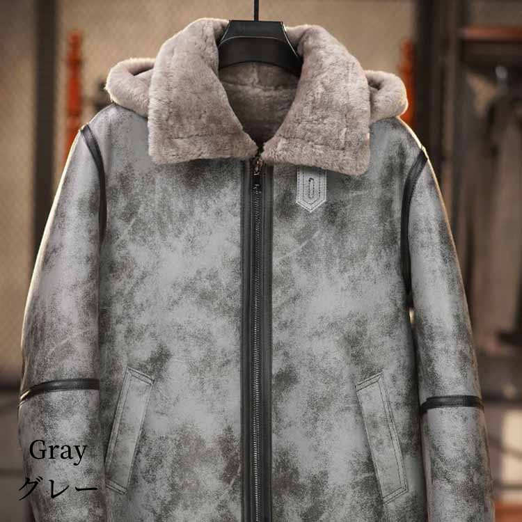 2025 秋冬 新作 ラムムートン ラムレザー コート フード メンズ アウター 羊皮 本革 秋/冬 グレー M/L/2L/3L/4L/5L l4a11