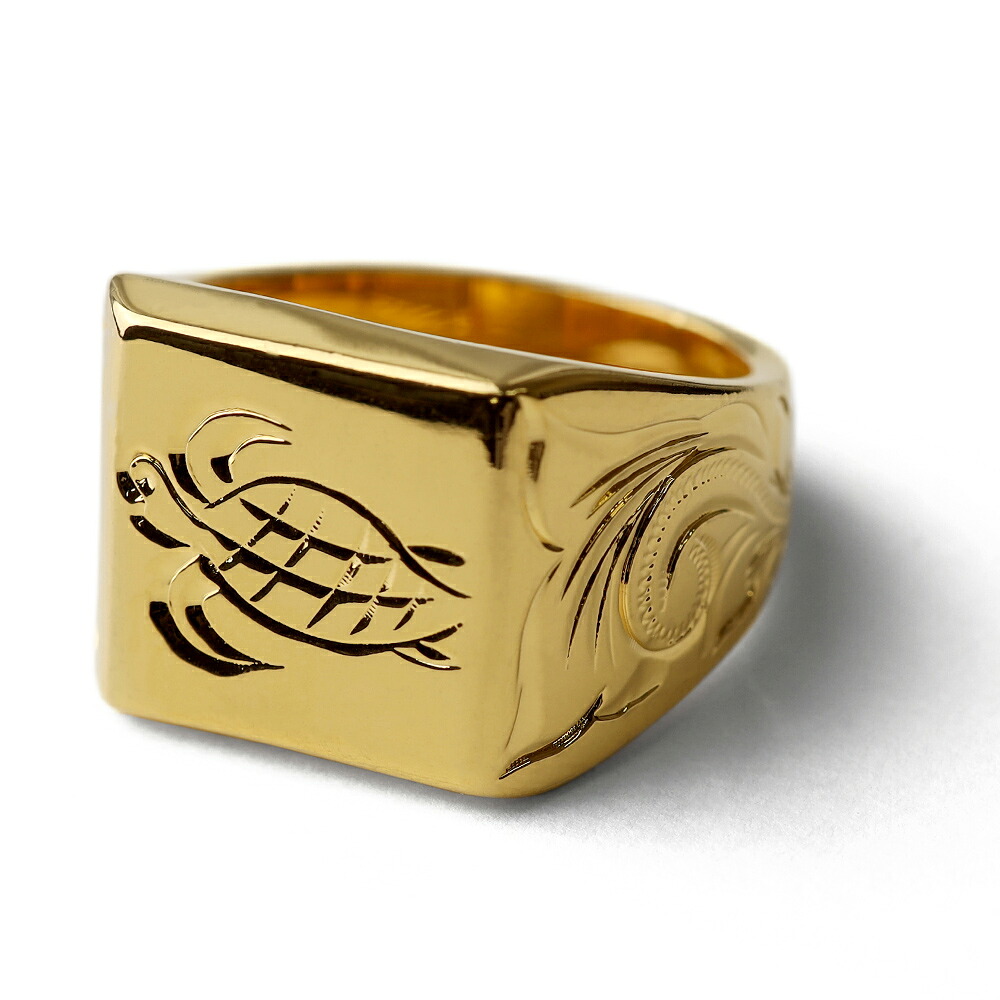 BFF ブランド タートル 印台リング ラージ ごつめ ゴールド 18K GP gold 金色 四角 スクエア スタンプリング シグネットリング ハワイ ハワイアンジュエリー 手彫り 彫金 専用BOX付属