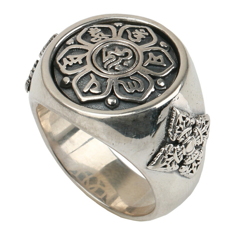 シルバー925 六字真言 リング ring 指輪 梵字 金剛杵 密教法具 お守り 守護 宗教 ギミック 動くアクセサリー 印台リング ごつい シルバー sillver 銀 メンズ 刻印