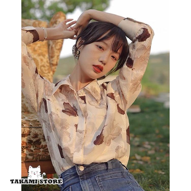 柄シャツ レディース シャツ ブラウス 長袖 トップス 花柄 シャツブラウス 総柄シャツ 襟付きシャツ カジュアル ゆったり レトロ 春 秋 羽織り
