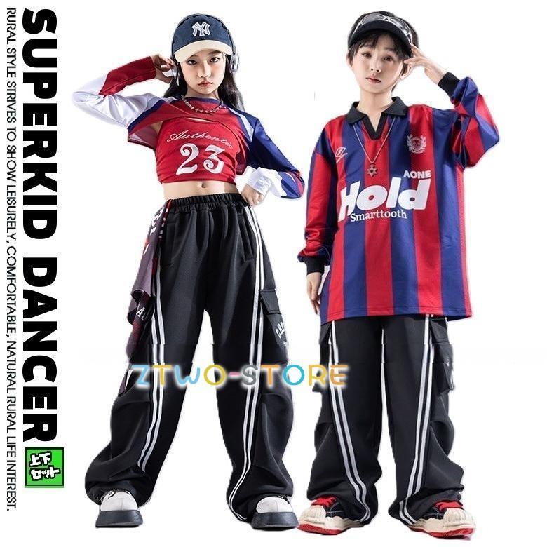 ヒップホップ 衣装 キッズダンス衣装 セットアップ ユニフォーム風 赤 紺 黒 K-POP 韓国 hiphop 子供ダンス服 派手 へそ出し ストライプシャツ パンツ