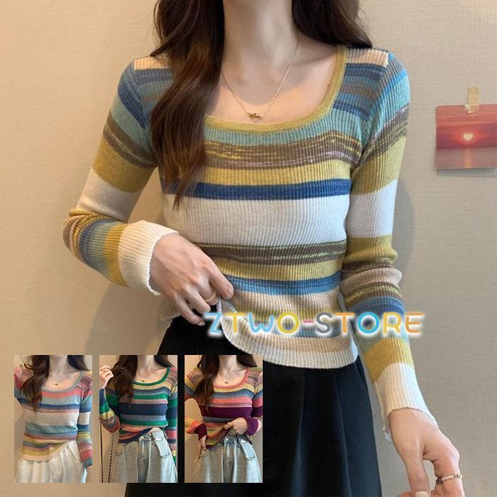 ◆マイアミ ボーダー柄ニット セーター ラウンドネック カジュアル カラフル ◇マイアミ ボーダー柄ニット セーター ラウンドネック カジュアル