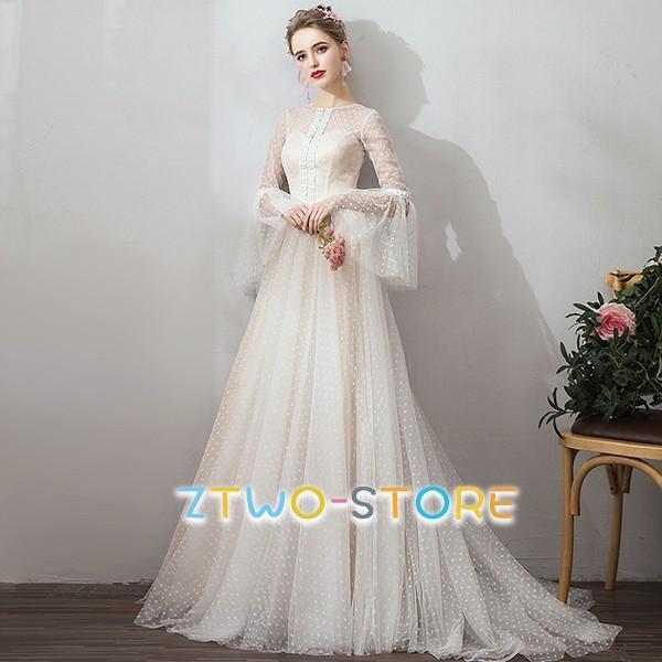 ウエディングドレス ロング丈 トレーンタイプ 袖あり 花嫁 結婚式 パーティードレス フォーマル ラウンド ベルスリーブ 大きいサイズ プリンセスドレス 締め上げ|Ztwo店