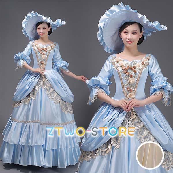 中世 貴婦人ドレス ステージ 衣装 ヨーロッパ 貴族 王族服 ジュリエット カラードレス 演出 パーティードレス 青 シャンパン色｜Ztwo店