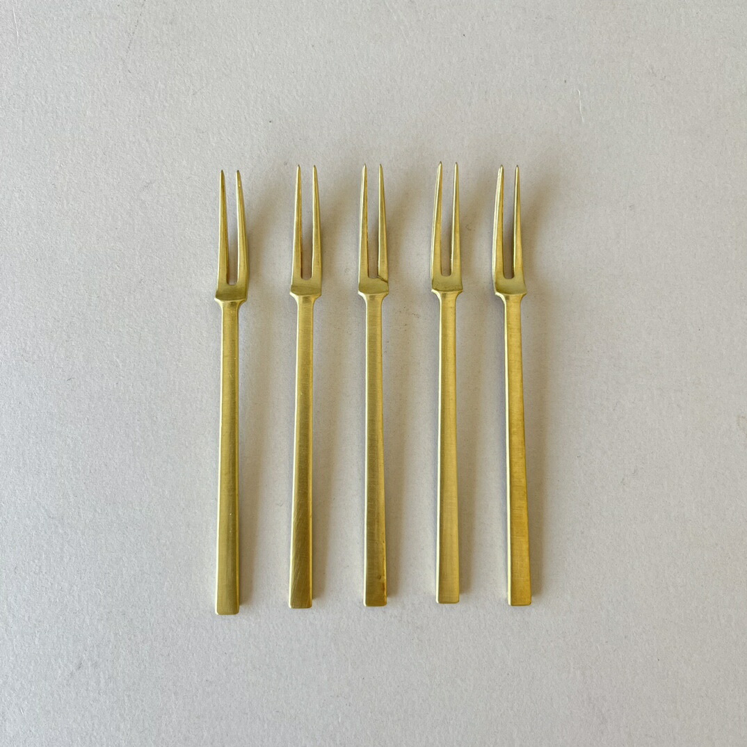 銀の持ち手に美しい黄銅のフォーク２点（デザート、オードブル用） フランスアンティーク 純銀 オードブル サービング4本セット