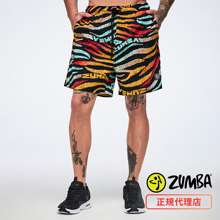 ZUMBA ズンバ 正規品 ウェア メンズ ショートパンツ ショーツ ボトム パンツ 総柄 ロゴ アニマル ゼブラ エクササイズ フィットネス ジム スポーツ ダンス ヨガ ウェア ズンバウェア マルチカラー S3