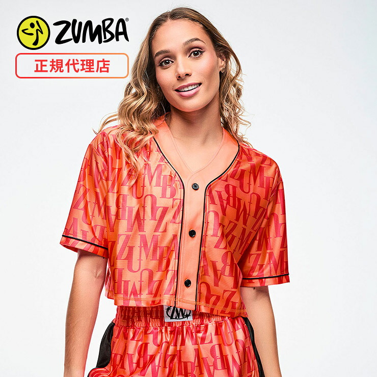 ZUMBA ズンバ 正規品 ウェア レディース ベースボールシャツ トップス 半袖 シャツ 総柄 ロゴ ショート丈 クロップ エクササイズ フィットネス ジム スポーツ ダンス ヨガ ウェア ズンバウェア オレンジ F1｜ZUMBA公式 by LA BODY 7,858円