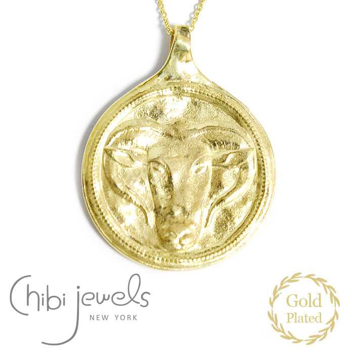 【待望の最新作】≪chibi jewels≫ チビジュエルズ ラージサイズ コインネックレス ライオン ムフロン ひつじ レリーフ ロング ネックレス ゴールド 14金仕上げ Earth Aether Coin Necklace (Gold)