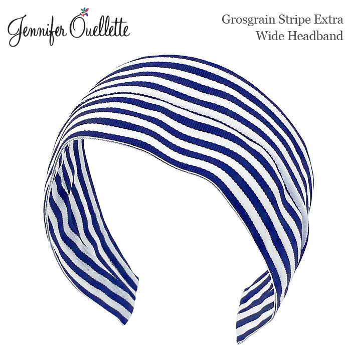 ≪Jennifer Ouellette≫ ジェニファーオーレット ロイヤル ブルー ストライプ グログラン 太い 幅広 極太 ターバン カチューシャ ヘアバンド Grosgrain Stripe Extra Wide Headband (Royal Blue) レディース｜ZUTTOHOLIC