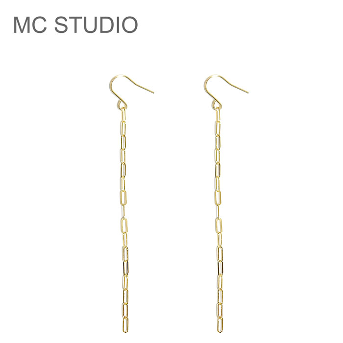 ≪MC STUDIO≫ エムシースタジオ 長方形 極細 華奢 レクタングル チェーン ゴールド ロング フック ピアス スウィングピアス 楕円 長四角 Tiny Rectangle Chain Earrings (Gold) レディース ギフト