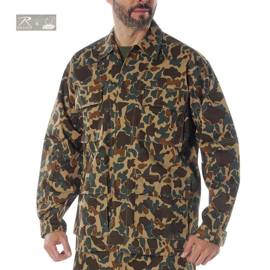 ロスコｘベアのコラボレーション USA ミリタリーBき.D.U.ジャケット 迷彩 フレッド・ベア・カモ柄 Rothco X Bear Archery Fred Bear Camo BDU Shirt ◇クーポンと39ショップ限定条件クリアで送料無料